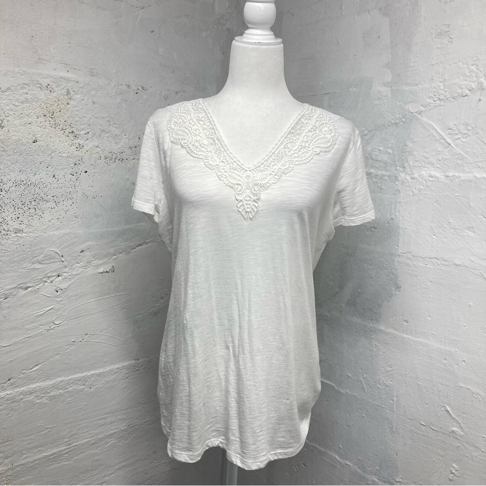 Maurices White V-Neck Lace Trim Short Sleeve Top